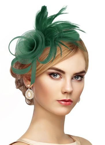 Zinniday Victorian Feather Fascinators Hats - 2025 Derby Attire Headwear with Hairpin,1920s Tea Party Hat for Woman - color: Green