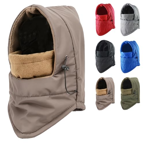 Peicees Thermal Winter Balaclava, Waterproof Ski Mask Fleece Lining Face Mask Hooded Scarf Hat Neck Gaiter for Men Women - color: Khaki