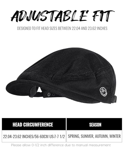 Croogo Men's Newsboy Flat Cap Corduroy Ivy Cap Casual Winter Duckbill Hat Irish Catsby Golf Beret Hat - color: Bl27-black