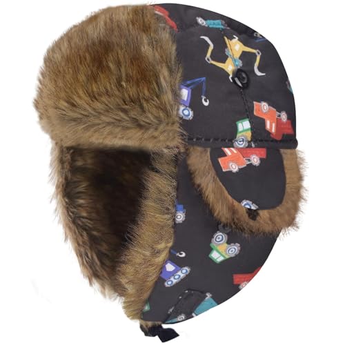 Kids Winter Trappers Hat Toddler Outdoor Windproof Ushanka Ski Cap Ear Flap Chin Strap Snow Hat for 3-8Y - color: D-blcak Car, size: Large