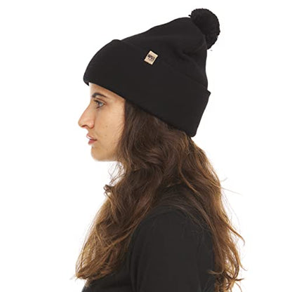 100% Merino Wool - Midweight Cuff Pom Beanie - Winter Pom Pom Hat - color: Black