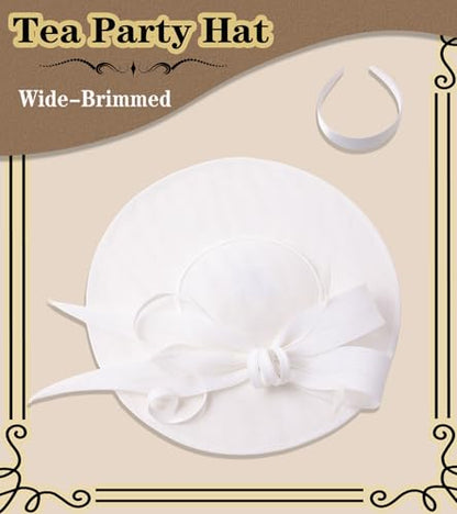 Kgromfy Fascinator Hat Women Wide Brim Tea Party Headband Elegant Church Hat Large Lady Headwear for Derby Wedding Cocktail - color: White