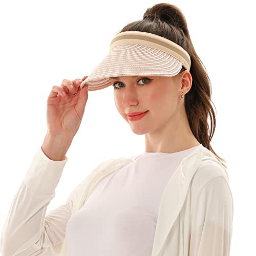 Women Summer Sun Hat Lady's Portable Beach Visor Bowknot Straw Hat - color: Pink Stripe