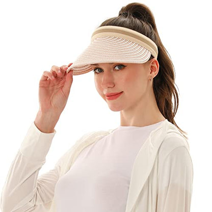 Women Summer Sun Hat Lady's Portable Beach Visor Bowknot Straw Hat - color: Pink Stripe