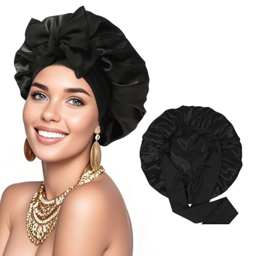 Silk Hair Bonnets for Sleeping Women Soft Satin Bonnet with Tie Adjustable Length Hair Care Unisex Adult - color: Black