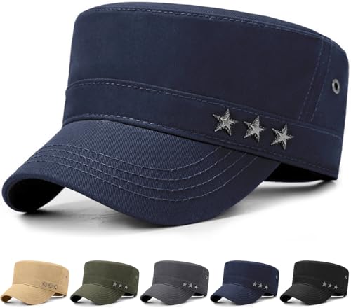 Initlove Cadet Army Cap Military Unisex Flat Top Hat for Men Women - color: Star Navy