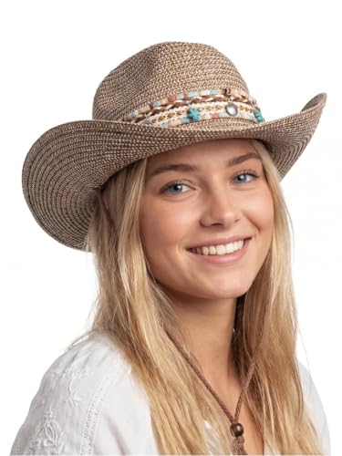 Hat for Summer - Women's Straw Cowboy Hat with Turquoise Starfish Beaded Band and Adjustable Chin Strap - Coastal Boho Western Sun Hat in Khaki