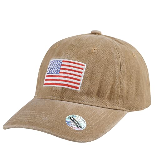 Falari USA Flag Embroidered Baseball Cap, Low Profile Adjustable Dad Hat, 100% Cotton, Pre-Washed - color: Khaki