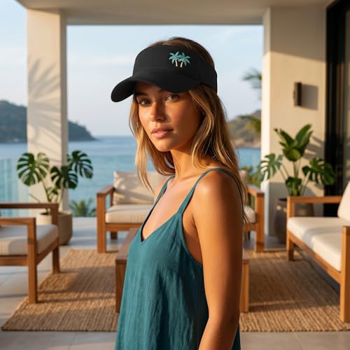 Embroidered Adjustable Sun Visor for Women Men Outdoor Golf Tennis - color: Palm Tree/Black