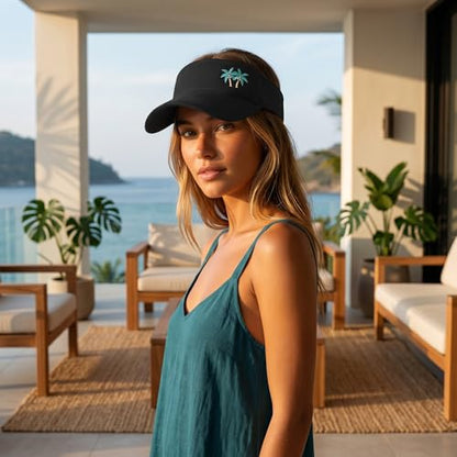 Embroidered Adjustable Sun Visor for Women Men Outdoor Golf Tennis - color: Palm Tree/Black