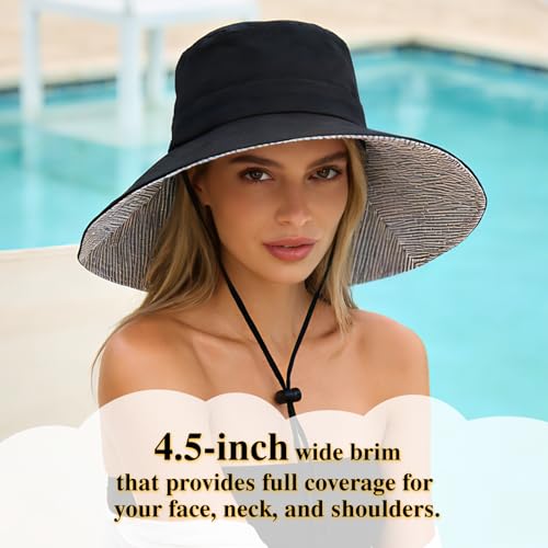 Sun Hats for Women Wide Brim Foldable Beach Hat UV UPF50+ Summer Sun Protection Bucket Hat for Outdoor, Gardening, Travel - color: Black