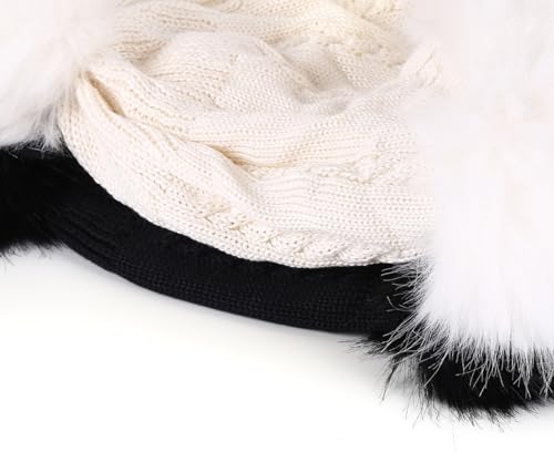 Womens Faux Fur Knitted Hat with Pompom Warm Skull Snow Cap Ear Cover Winter Beanie Hat for Women - color: Black