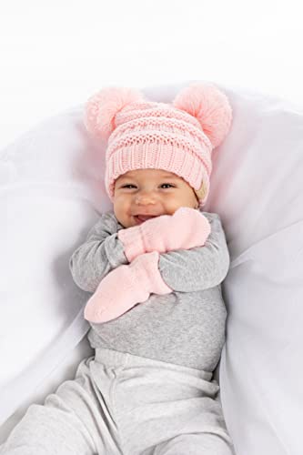 Funky Junque Baby Double Faux Fur Pom Pom Beanie & Mittens Set – Newborn Infant 0–9 Months Winter Hat with Soft Lined Mittens - color: Pale Pink (0-9 Months)