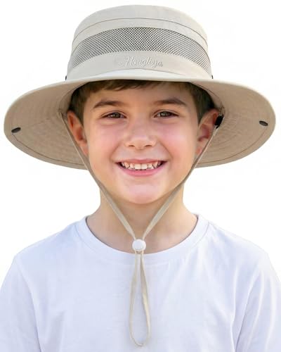 HONGTEYA Kids Sun Hat UPF 50+ Toddler Bucket Summer Hat Fishing Outdoor - color: Beige, size: 5-13 Years