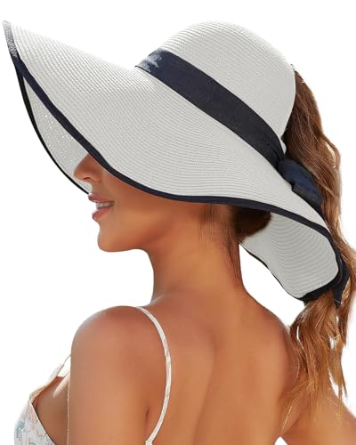 Sun Beach Hats for Women with Ponytail Hole, Floppy Wide Brim Beach Hat, Straw Summer Packable Sunhat Foldable Sun Protection - color: White, size: Large