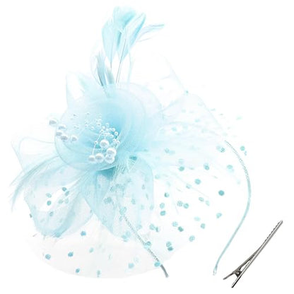 WLBON Fascinators Hat 20s 50s Headband Hair Clips Flower Mesh Veil Feather Headpiece Headwear Women Halloween Carnival Cocktail Wedding Church Cosplay Dress Up Birthday Tea Party Accessories Blue - color: Light Blue