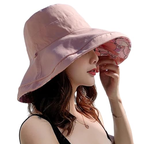 HUAMULAN Wide Brim Women Summer Sun Floppy Hat Reversible Beach Bucket Hat - color: M1744-pink