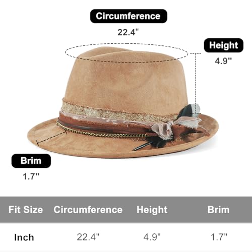 Fedora Trilby Hats for Men Women Handmade 1920s Classic Short Brim Hat with Feathers Unisex - color: Khaik