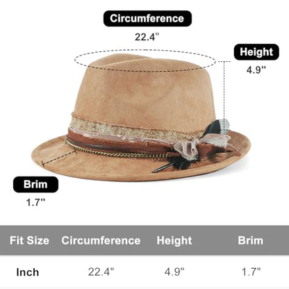 Fedora Trilby Hats for Men Women Handmade 1920s Classic Short Brim Hat with Feathers Unisex - color: Khaik