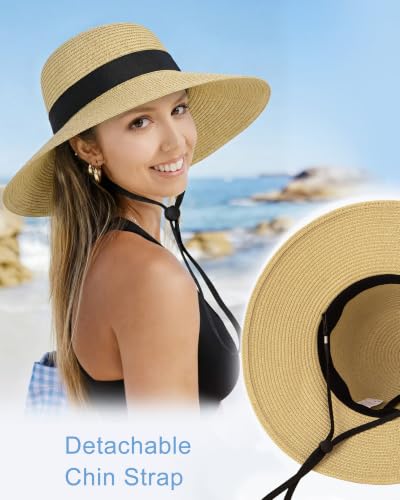 Sun Straw Hats for Women, Wide Brim Summer Beach Hat - color: Sand, size: X-Large