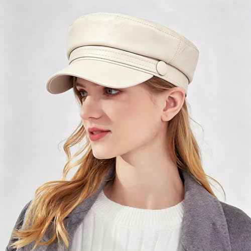 Women PU Leather Newsboy Cap Vintage Military Flat Top Beret Style Hat - color: White