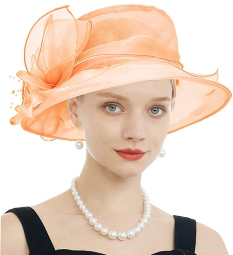 Women's Kentucky Derby Church Dress Hat Wide Brim Leaf Flower Bridal Shower Hat - color: F12-orange