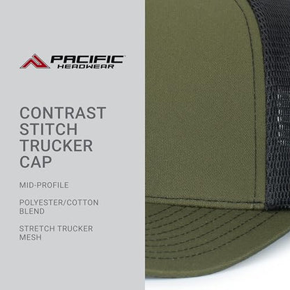 Pacific Headwear Contrast Stitch Trucker Pacflex Snapback Cap - color: Moss/Lt Charcoal/Moss
