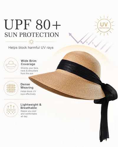 Summer Beach Hat for Women Straw Hats for Women Foldable Womens Sun Hats Outdoor Visor - color: Khaki With Black Ribbon