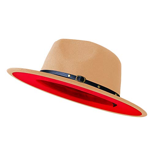 Wide Brim Fedora Hats for Women Men Two Tone Dress Hat Felt Panama Hat in Two Audlt Size - color: Camel & Red, size: Large-X-Large
