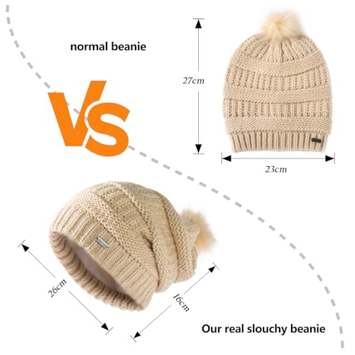 TOP-EX Winter Wool Slouchy Beanie for Women, Warm Faux Fur Pom Hat - color: Beigewhite_fleece Lined
