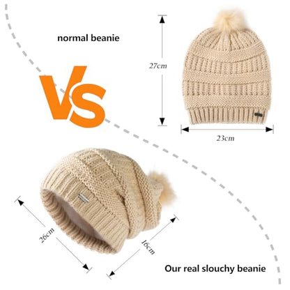 TOP-EX Winter Wool Slouchy Beanie for Women, Warm Faux Fur Pom Hat - color: Beigewhite_fleece Lined