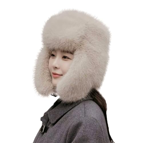 Women's Fluffy Trapper Hat, Long Pile Faux Fur Ushanka hat with Buckle, Luxurious Mink-Style Winter Warm Hat - color: Light Khaki