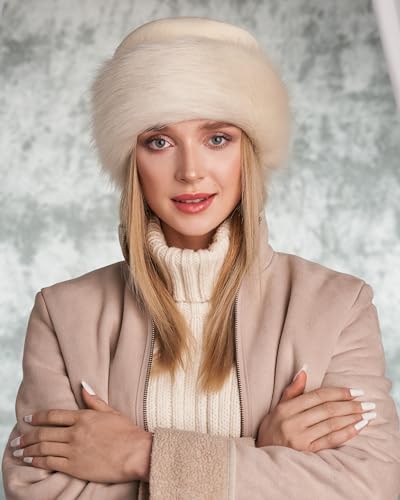 Futrzane Faux Fur Trim Hat for Women - color: Ecru - Ecru, size: Small
