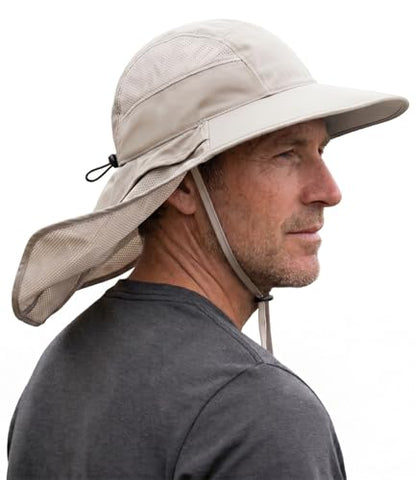 Hat Hut Ultra-Light Sun Hat with Neckflap, UPF 50+, Wide Brim, Breathable Outdoor Hiking Fishing Hats for Men - color: Beige