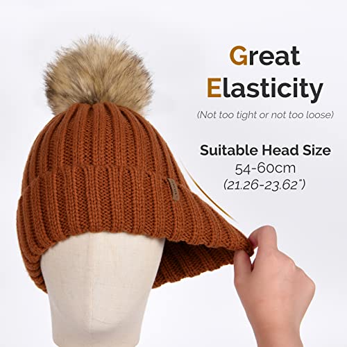 FURTALK Womens Winter Knitted Beanie Hat with Faux Fur Pom Warm Knit Skull Cap Beanie for Women - color: Dark Orange