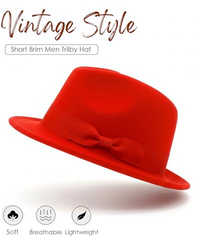 Fedora Hats for Men Women 1920s Short Brim Felt Trilby Hat - color: Red