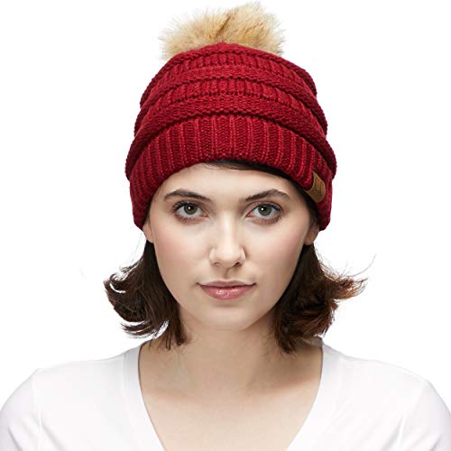 C.C Fur Pom Winter Fall Trendy Chunky Stretchy Cable Knit Beanie Hat - color: Solid Burgundy