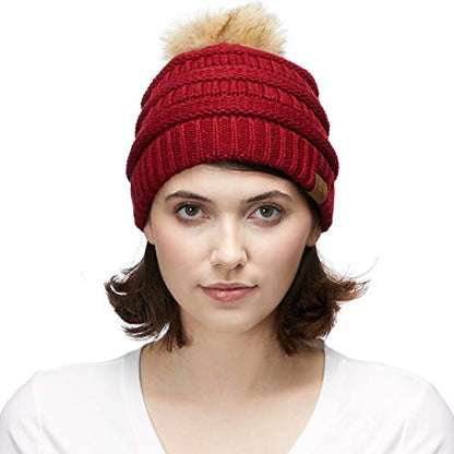 C.C Fur Pom Winter Fall Trendy Chunky Stretchy Cable Knit Beanie Hat - color: Solid Burgundy