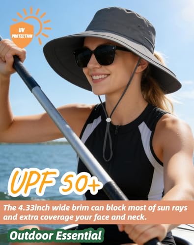 Rosoz Women Sun Hat with Ponytail Hole Wide Brim Bucket Hats UPF 50+ Beach Hiking Gardening Hat Water-Resistant Outdoot Hat - color: Dark Grey