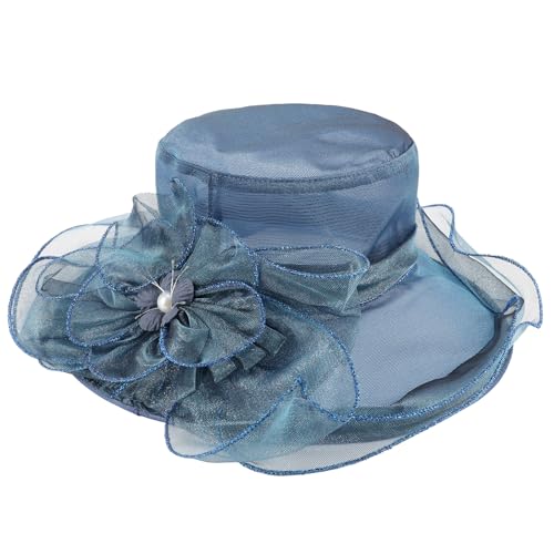 AQOKKA Women Organza Church Fascinators Kentucky Derby Hats for Women and Girls Wedding Flower Tea Party Hat with Wide Brim - color: Simulated Flower : Navy