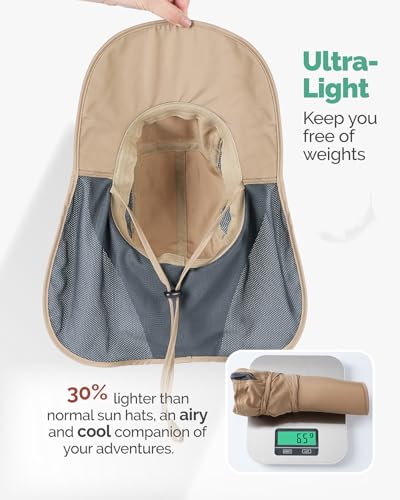 Hat Hut Ultra-Light Sun Hat with Neckflap, UPF 50+, Wide Brim, Breathable Outdoor Hiking Fishing Hats for Men - color: Khaki