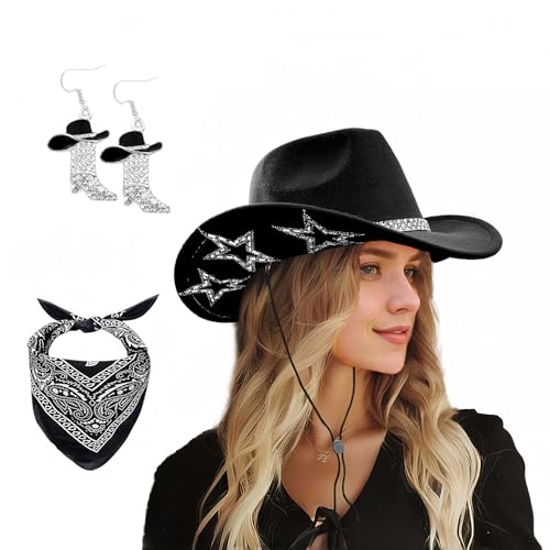 SHENYI Cowgirl Hat and Bandana and Heart Sunglasses Glitter Rhinestone Star Cowboy Hat Western Sparkly Hats for Women Men - color: Cowgirl Black