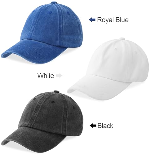 MEINICY 3 Packs Washed-Cotton Plain Baseball Cap, Adjustable Dad Hat - color: Black + White + Royal Blue