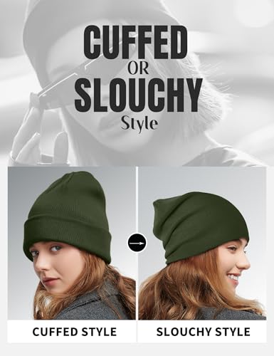 Fleece Lined Wool Beanie Hat Men Women, Warm Cuffed Winter Cap - color: Army Green