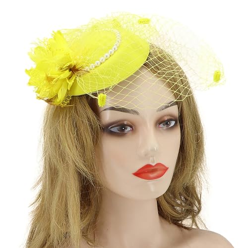 Fascinator Pillbox Hat for Women, Feather Flower Pearls Hair Headwear Veil - color: Yellow