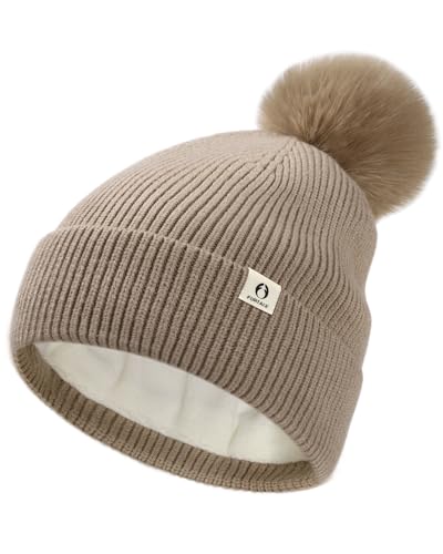 FURTALK Pom Pom Winter Hats for Women Fleece Lined Slouchy Warm Beanie Skull Cap - color: Light Khaki