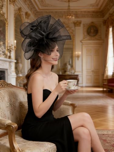 Z&X Sinamay Fascinator Hat Floral Feather Pillbox Derby Hats for Women Wedding Tea Party with Headband Clip - color: 006b Black