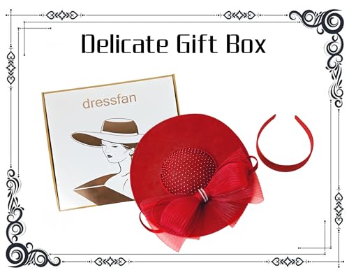 dressfan Wide Brim Fascinator Hats for Women,20s Linen Rhinestones Bow Big Hat for Derby Church Wedding Tea Party - color: Red