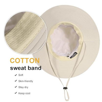 Bucket Sun Hat for Women Wide Brim Breathable Mesh UPF50+ Safari Hat Criss Cross Ponytail Hole Outdoor Rain Hat - color: Beige