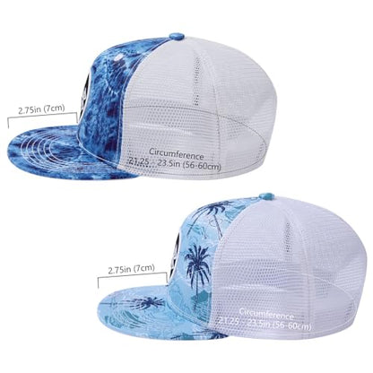 BASSDASH 2 Pack Flat Brim Trucker Cap Adjustable Snapback Hat Mesh Back for Men Women Fishing Hunting - color: Pack of 2, Blue Camo & Palm Trees